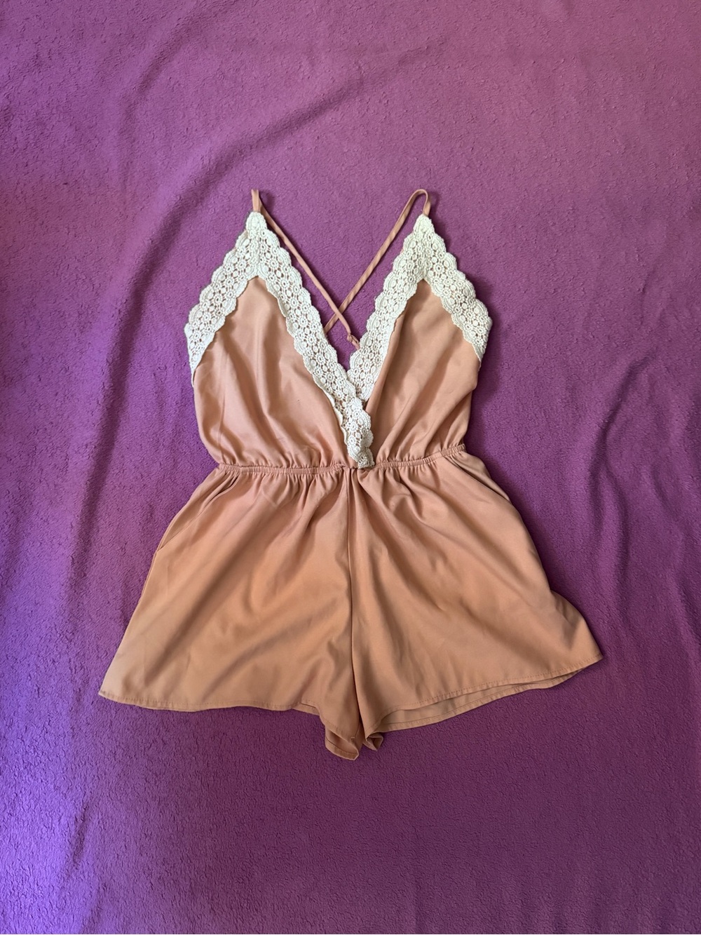 Delicate Lace-Trim Peach Romper